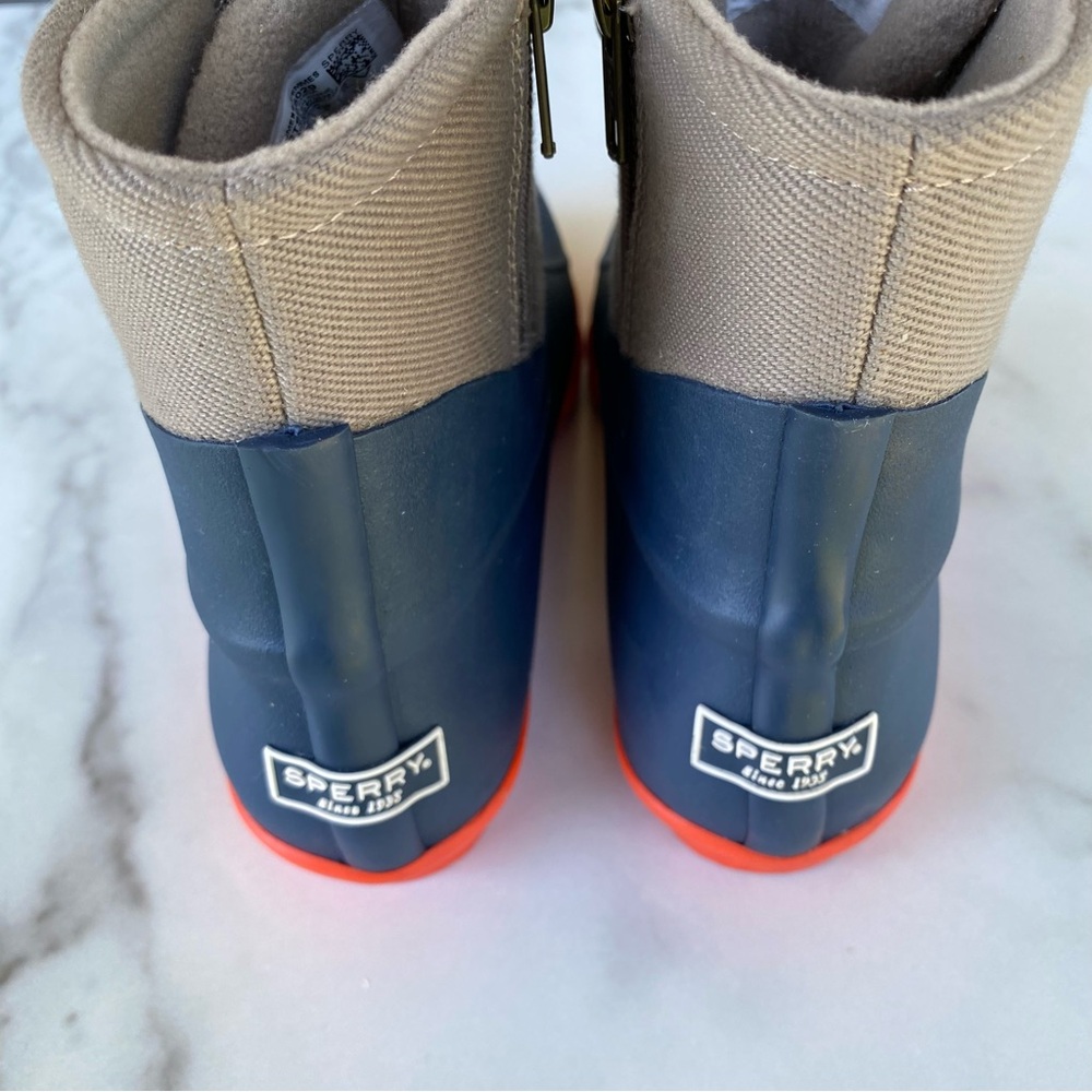 SPERRY Tan Navy Orange Saltwater Waterproof Canvas Duck Boots Microfleece Lining - Picture 3 of 5